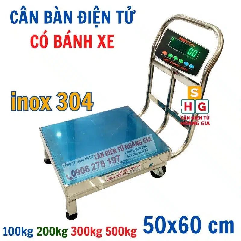 Cân Bàn Điện Tử Gắn Bánh Xe 500kg 8201 Japan - INOX 304 - Khung bàn 50x60cm - Cân điện tử Hoàng Gia | Uy tín 10+ năm, Uy Tín, Giá Tốt Cân bàn điện tử gắn bánh xe 500kg 8201 Japan inox 304