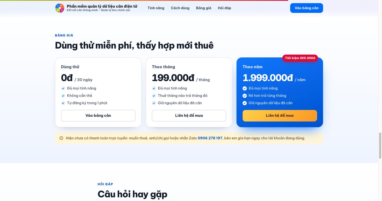 Bảng giá phần mềm cân điện tử: miễn phí 30 ngày, 199.000đ một tháng