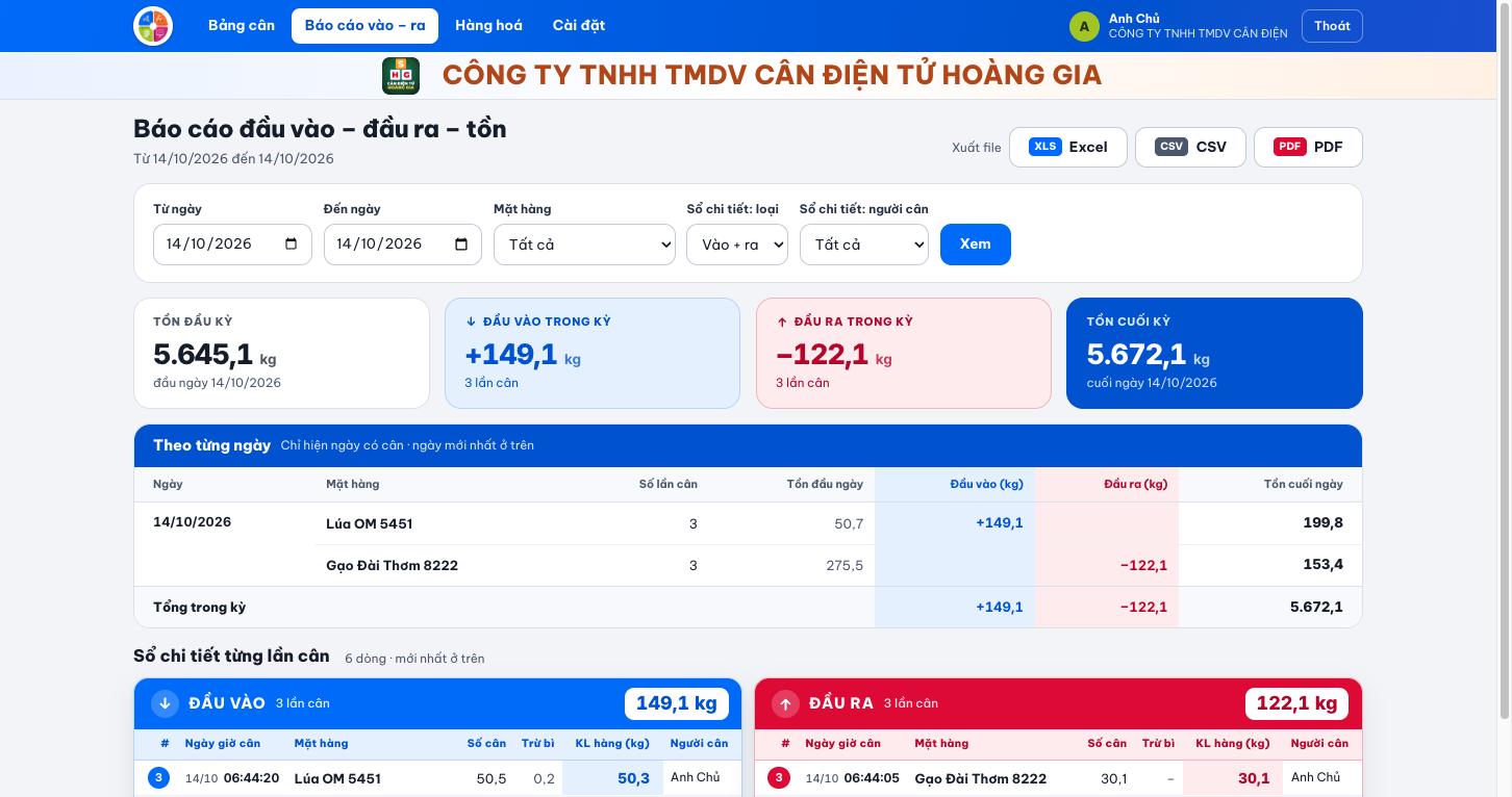 Báo cáo nhập xuất tồn: phần mềm quản lý kho theo khối lượng