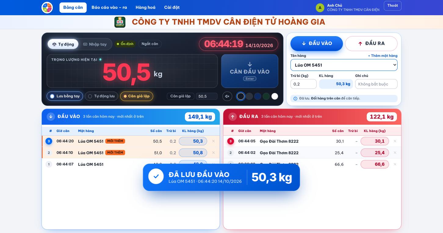 Phần mềm lưu số cân tự động, báo Đã lưu sau mỗi lần cân